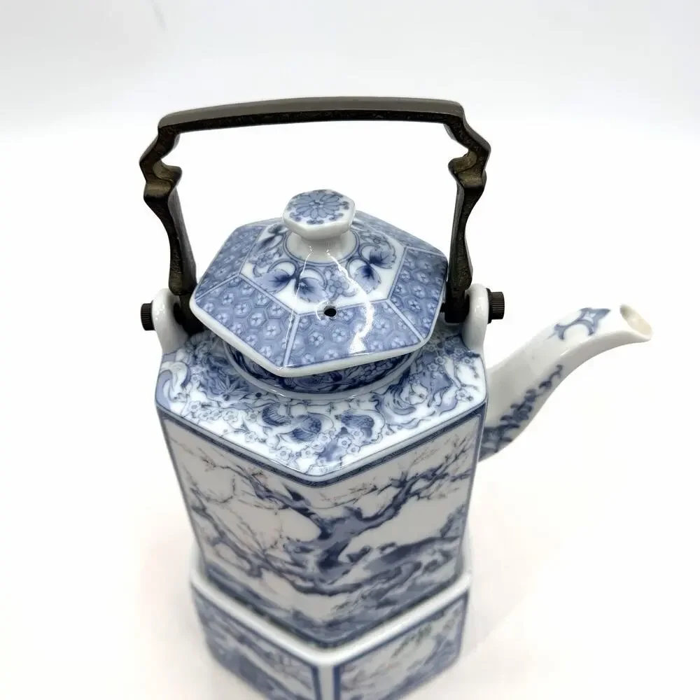 Vintage Dolphin Dynasty Blue Porcelain Hexagonal Teapot Warmer & Brass Handle